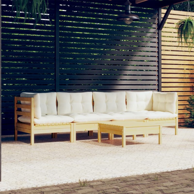 vidaXL Muebles de jardín 5 pzas y cojines madera maciza de pino crema vidaXL Muebles de jardín 5 pzas y cojines madera maciza de pino crema