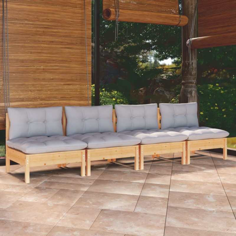 vidaXL Sofá de jardín de 4 plazas con cojines madera maciza pino gris vidaXL Sofá de jardín de 4 plazas con cojines madera maciza pino gris