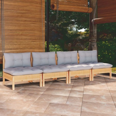 vidaXL Sofá de jardín de 4 plazas con cojines madera maciza pino gris