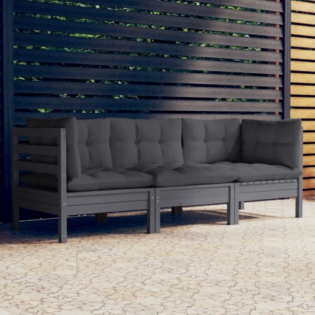 vidaXL Sofá de jardín 3 plazas con cojines madera pino gris antracita