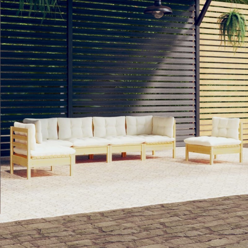 vidaXL Muebles de jardín 6 pzas y cojines madera maciza de pino crema vidaXL Muebles de jardín 6 pzas y cojines madera maciza de pino crema