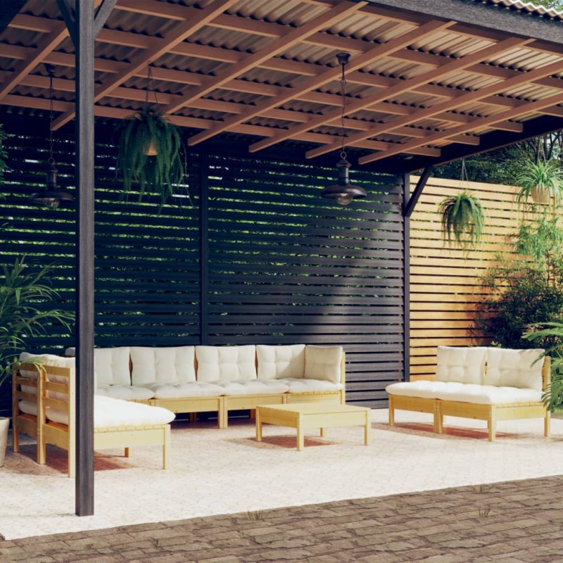vidaXL Muebles de jardín 9 pzas y cojines madera maciza de pino crema vidaXL Muebles de jardín 9 pzas y cojines madera maciza de pino crema