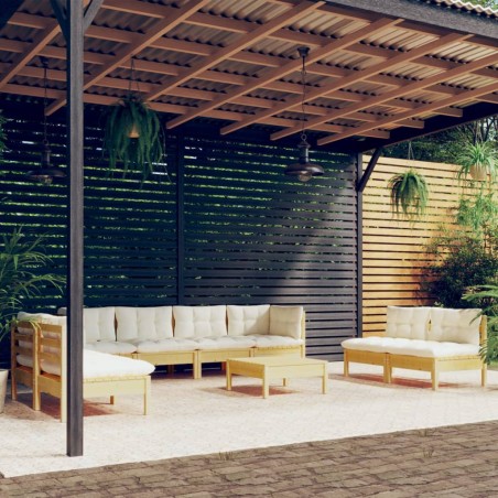 vidaXL Muebles de jardín 9 pzas y cojines madera maciza de pino crema