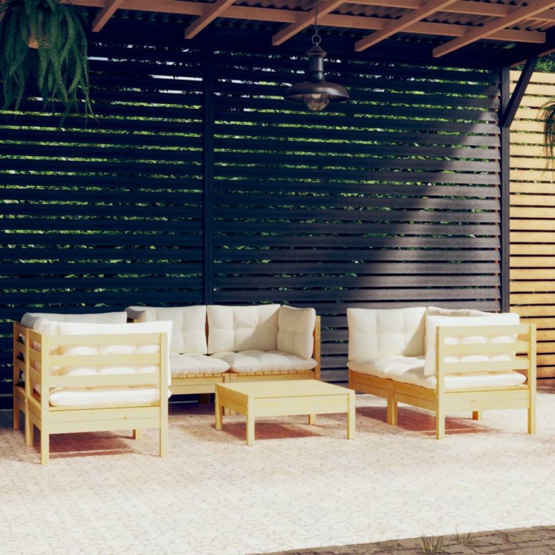 vidaXL Muebles de jardín 7 pzas y cojines madera maciza de pino crema vidaXL Muebles de jardín 7 pzas y cojines madera maciza de pino crema