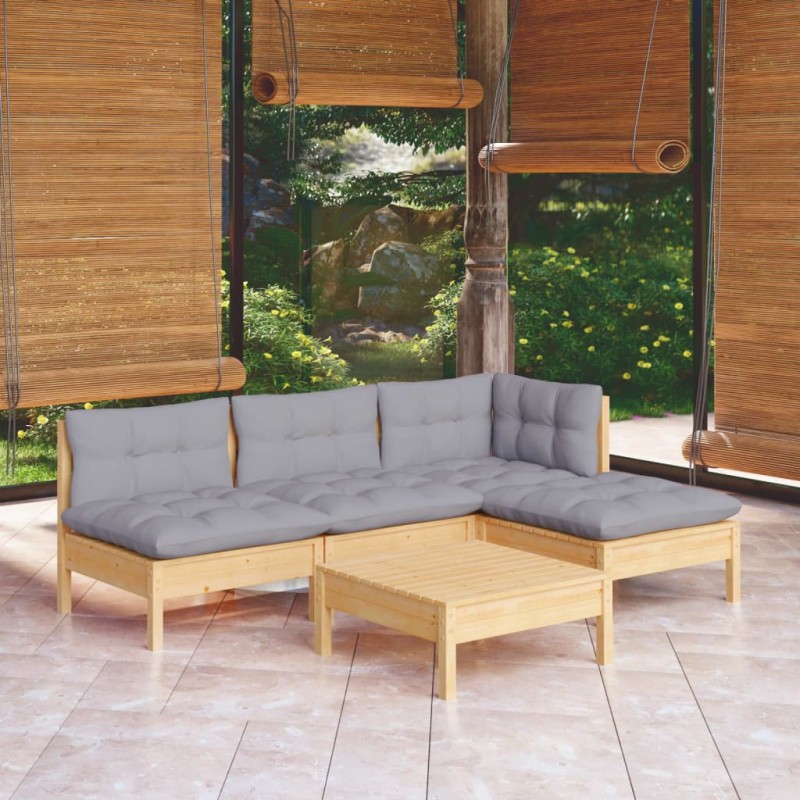vidaXL Juego de muebles de jardín 5 pzas y cojines madera pino gris vidaXL Juego de muebles de jardín 5 pzas y cojines madera pino gris