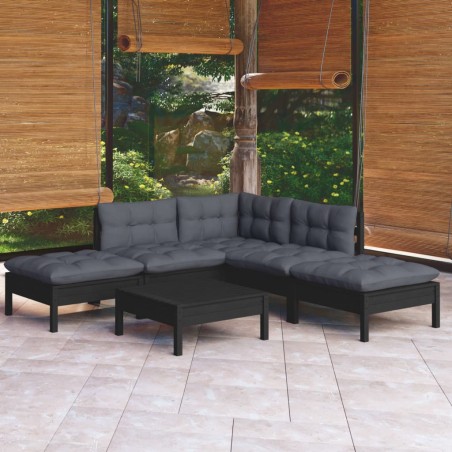 vidaXL Muebles de jardín 6 pzas con cojines negro madera de pino