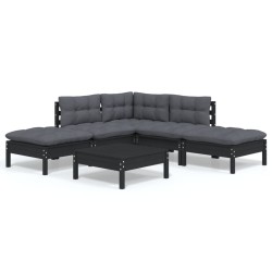 vidaXL Muebles de jardín 6 pzas con cojines negro madera de pino