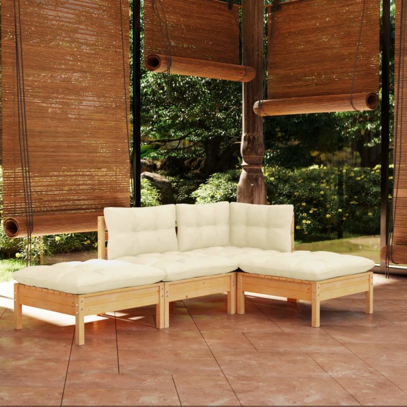 vidaXL Muebles de jardín 4 pzas y cojines madera maciza de pino crema vidaXL Muebles de jardín 4 pzas y cojines madera maciza de pino crema