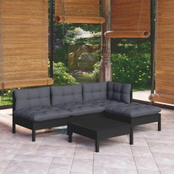 vidaXL Muebles de jardín 5 pzas con cojines negro madera de pino