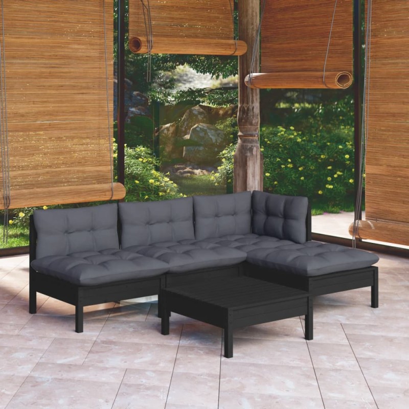 vidaXL Muebles de jardín 5 pzas con cojines negro madera de pino