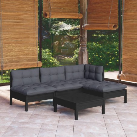 vidaXL Muebles de jardín 5 pzas con cojines negro madera de pino