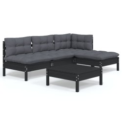 vidaXL Muebles de jardín 5 pzas con cojines negro madera de pino