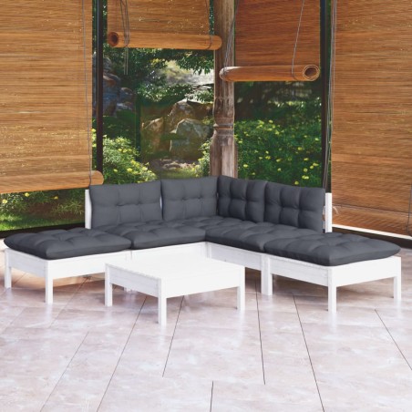 vidaXL Muebles de jardín 6 pzas con cojines blanco madera de pino