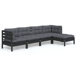 vidaXL Muebles de jardín 5 pzas con cojines negro madera de pino