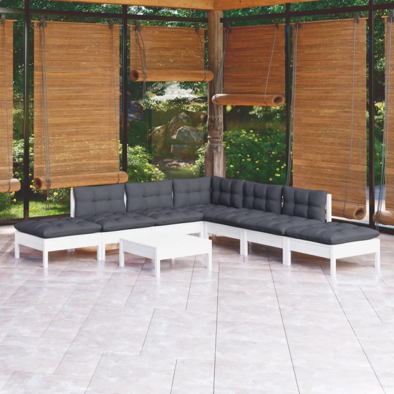 vidaXL Muebles de jardín 8 pzas con cojines blanco madera de pino vidaXL Muebles de jardín 8 pzas con cojines blanco madera de pino