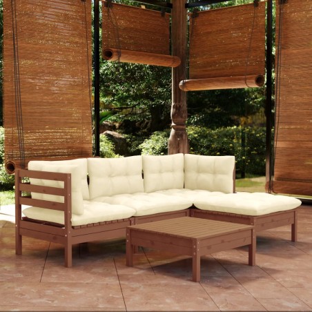 vidaXL Muebles de jardín 5 pzas y cojines madera de pino marrón miel