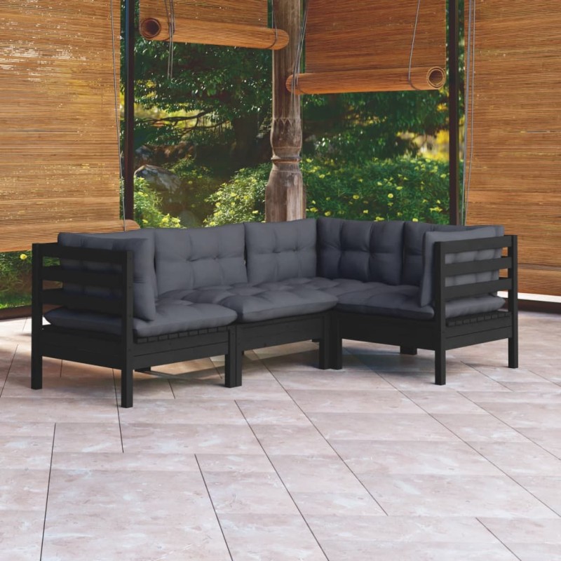 vidaXL Muebles de jardín 4 pzas con cojines negro madera de pino