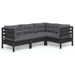vidaXL Muebles de jardín 4 pzas con cojines negro madera de pino