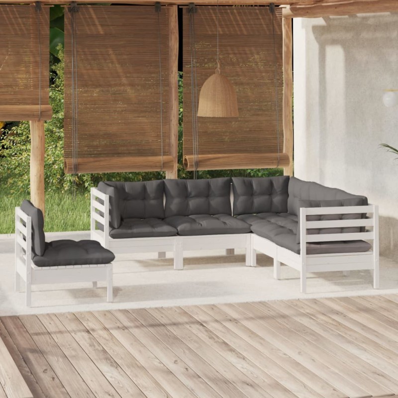 vidaXL Muebles de jardín 5 pzas con cojines blanco madera de pino vidaXL Muebles de jardín 5 pzas con cojines blanco madera de pino