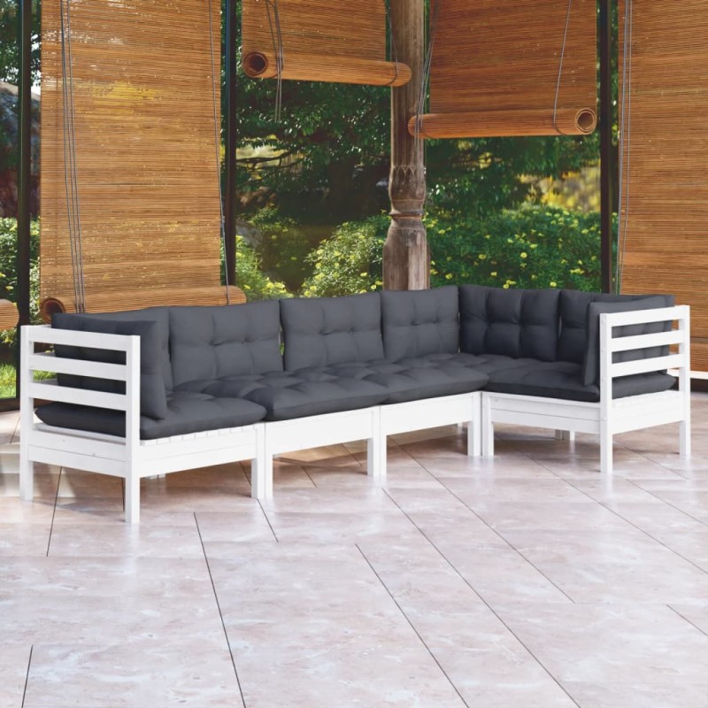 vidaXL Muebles de jardín 5 pzas con cojines blanco madera de pino vidaXL Muebles de jardín 5 pzas con cojines blanco madera de pino