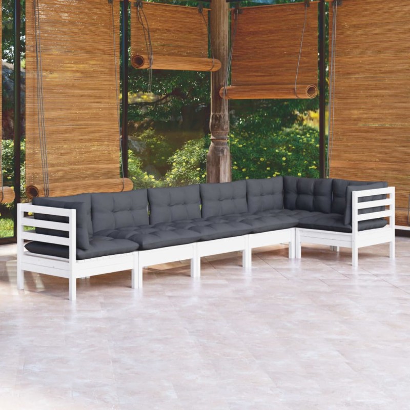 vidaXL Muebles de jardín 6 pzas con cojines blanco madera de pino vidaXL Muebles de jardín 6 pzas con cojines blanco madera de pino