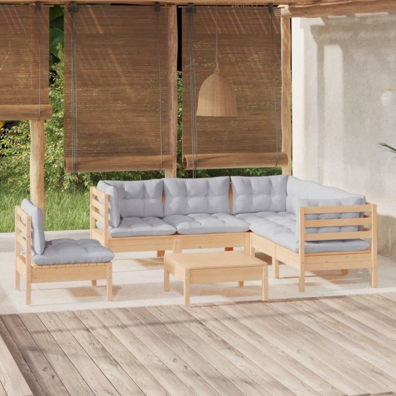 vidaXL Juego de muebles de jardín 6 pzas y cojines madera pino gris vidaXL Juego de muebles de jardín 6 pzas y cojines madera pino gris
