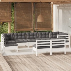 vidaXL Muebles de jardín 9 pzas y cojines blanco madera maciza de pino