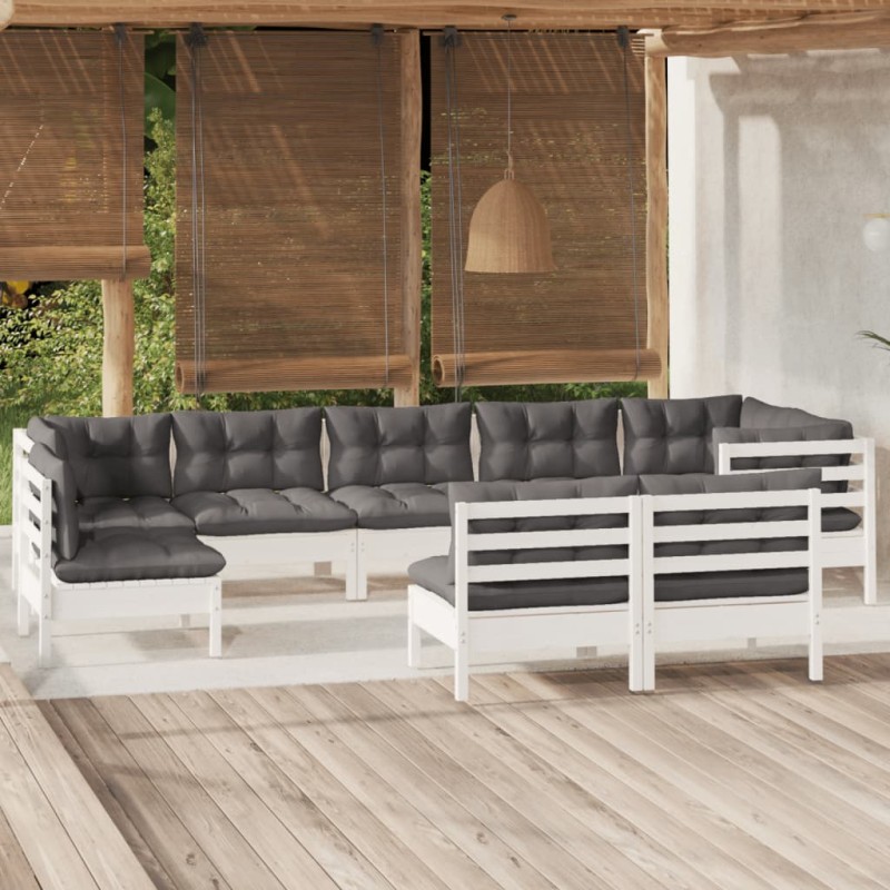 vidaXL Muebles de jardín 9 pzas y cojines blanco madera maciza de pino