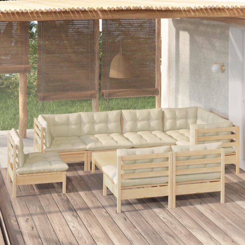 vidaXL Muebles de jardín 9 pzas y cojines madera maciza de pino crema vidaXL Muebles de jardín 9 pzas y cojines madera maciza de pino crema
