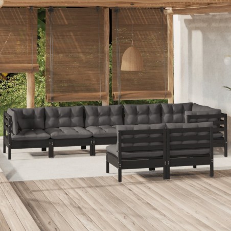 vidaXL Muebles de jardín 8 pzas y cojines negro madera maciza de pino