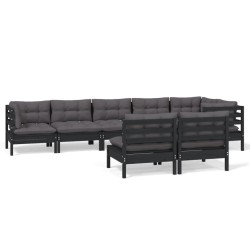 vidaXL Muebles de jardín 8 pzas y cojines negro madera maciza de pino
