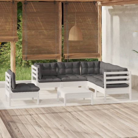 vidaXL Muebles de jardín 6 pzas con cojines blanco madera de pino