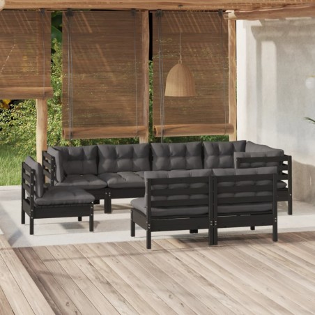 vidaXL Muebles de jardín 8 pzas y cojines negro madera maciza de pino