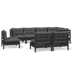 vidaXL Muebles de jardín 8 pzas y cojines negro madera maciza de pino