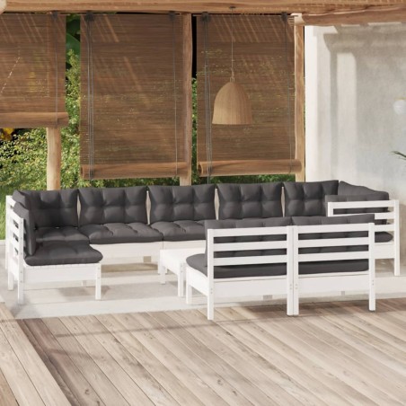 vidaXL Muebles de jardín 10 pzas y cojines blanco madera maciza de pino