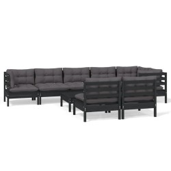 vidaXL Muebles de jardín 9 pzas y cojines negro madera maciza de pino