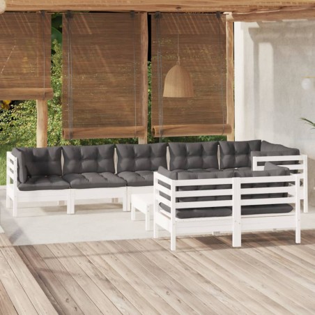 vidaXL Muebles de jardín 9 pzas con cojines blanco madera maciza pino