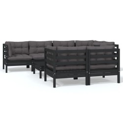 vidaXL Muebles de jardín 8 pzas con cojines negro madera maciza pino