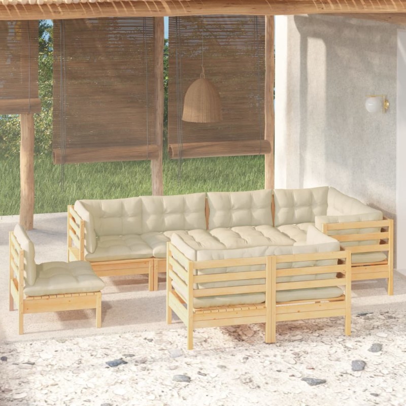 vidaXL Muebles de jardín 8 pzas y cojines madera maciza de pino crema vidaXL Muebles de jardín 8 pzas y cojines madera maciza de pino crema