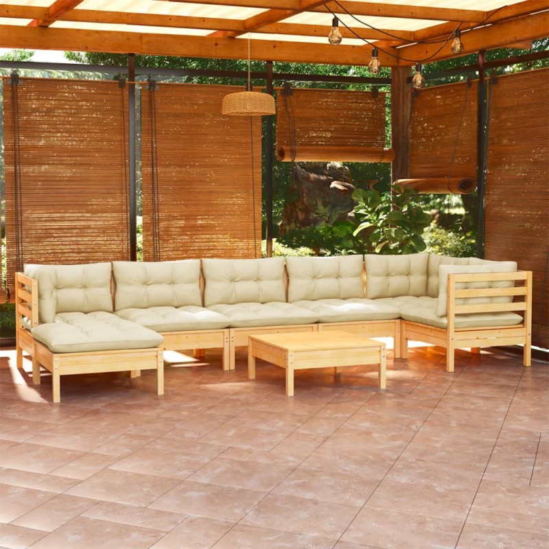vidaXL Muebles de jardín 8 pzas y cojines madera maciza de pino crema vidaXL Muebles de jardín 8 pzas y cojines madera maciza de pino crema