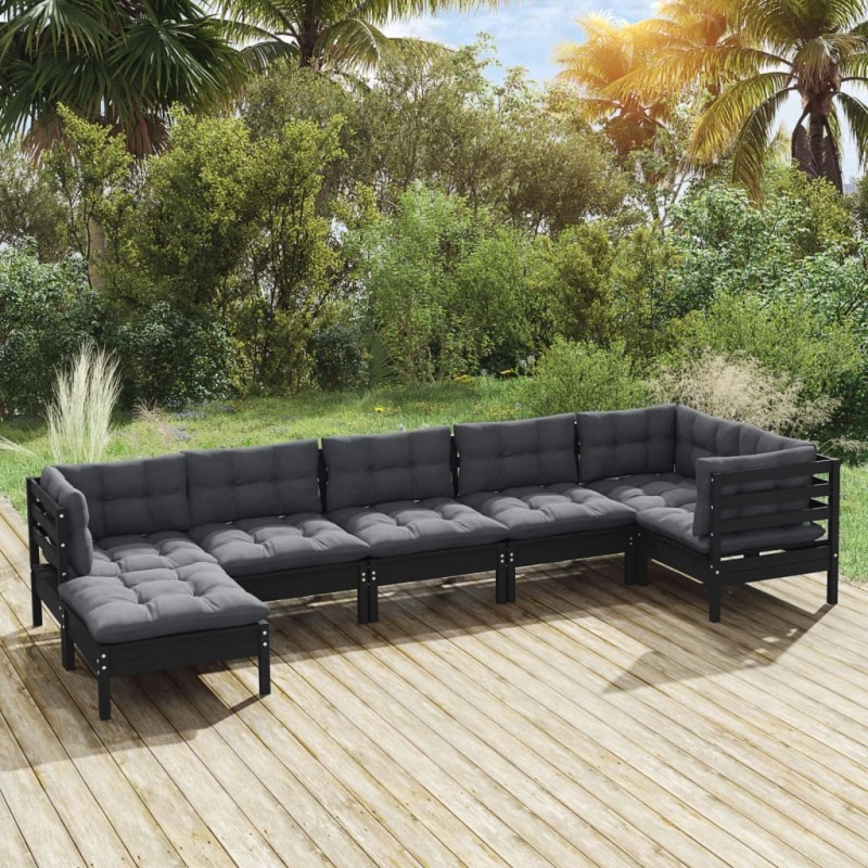 vidaXL Muebles de jardín 7 pzas con cojines negro madera maciza pino vidaXL Muebles de jardín 7 pzas con cojines negro madera maciza pino