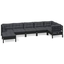 vidaXL Muebles de jardín 7 pzas con cojines negro madera maciza pino