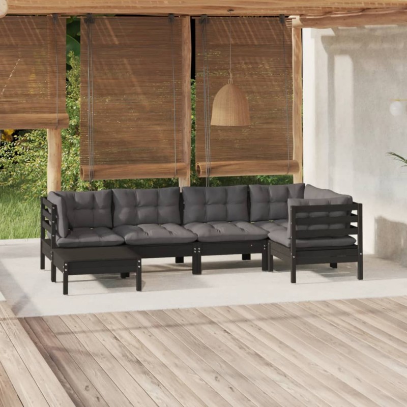 vidaXL Muebles de jardín 6 pzas con cojines negro madera maciza pino vidaXL Muebles de jardín 6 pzas con cojines negro madera maciza pino