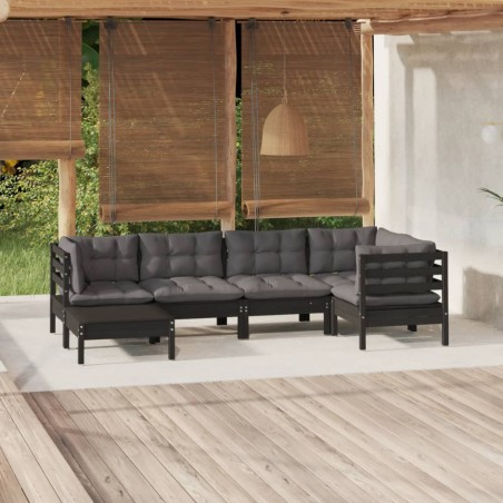 vidaXL Muebles de jardín 6 pzas con cojines negro madera maciza pino