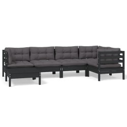 vidaXL Muebles de jardín 6 pzas con cojines negro madera maciza pino