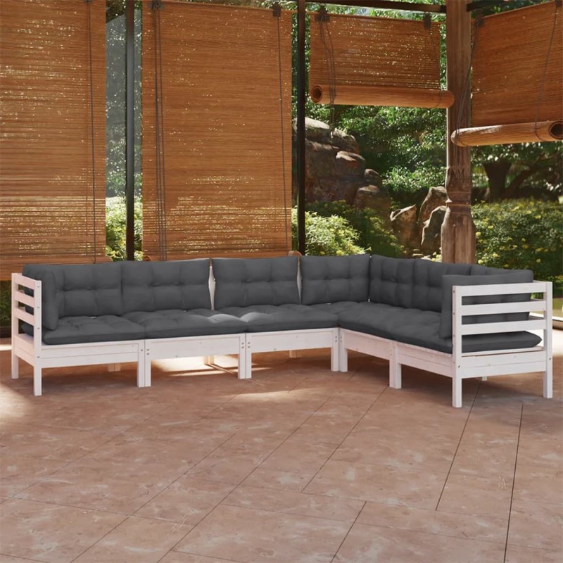 vidaXL Muebles de jardín 6 pzas y cojines blanco madera maciza de pino vidaXL Muebles de jardín 6 pzas y cojines blanco madera maciza de pino