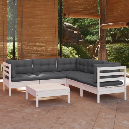 vidaXL Muebles de jardín 6 pzas con cojines blanco madera maciza pino