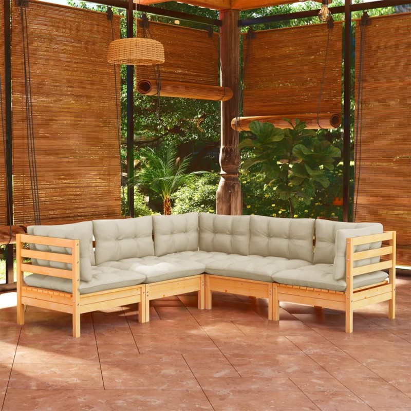 vidaXL Muebles de jardín 5 pzas y cojines madera maciza de pino crema vidaXL Muebles de jardín 5 pzas y cojines madera maciza de pino crema