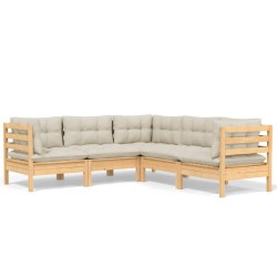 vidaXL Muebles de jardín 5 pzas y cojines madera maciza de pino crema