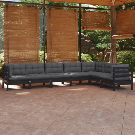 vidaXL Muebles de jardín 7 pzas y cojines negro madera maciza de pino